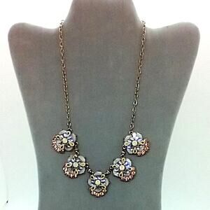 Statement Necklace 5 Rhinestone Sections Peach Gold Clear Stones Brass Tone